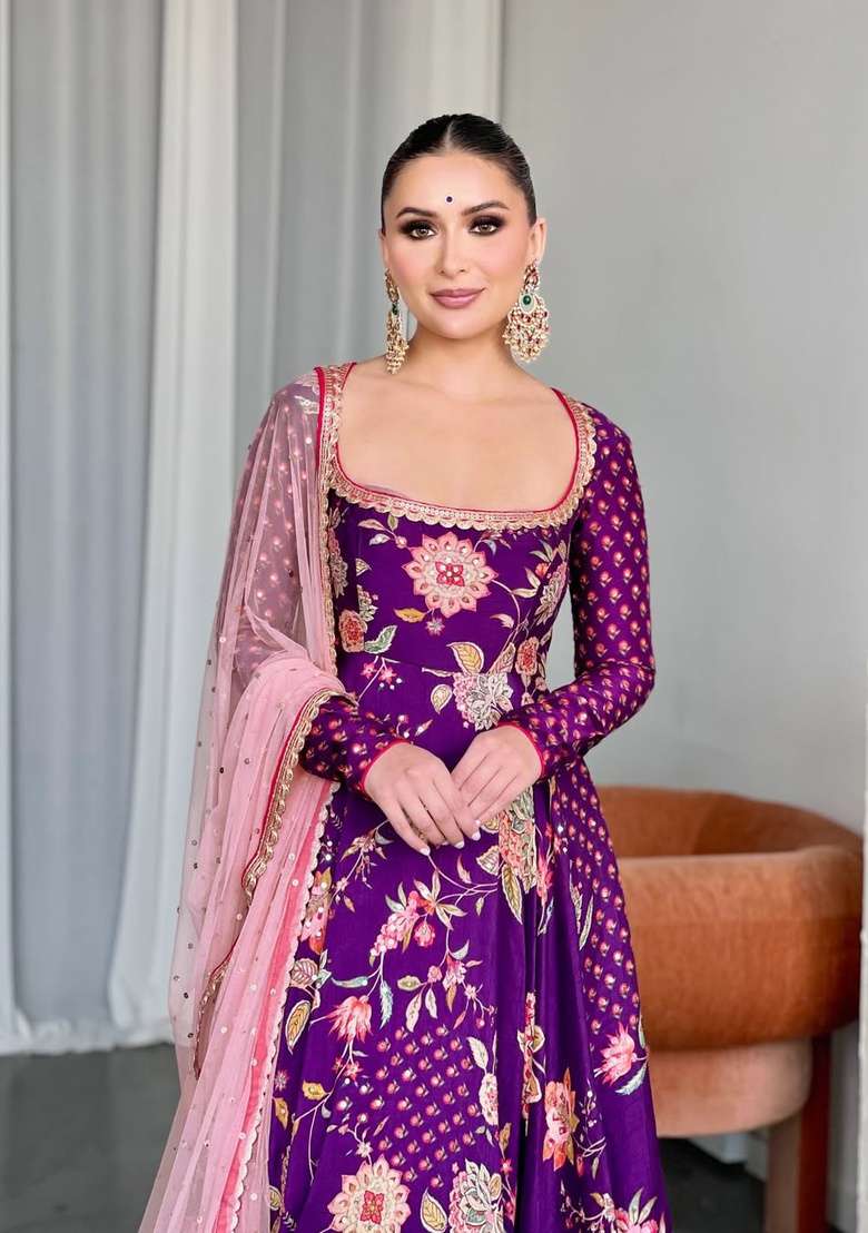 Purple Embroidered Silk Kurta Set - Indya