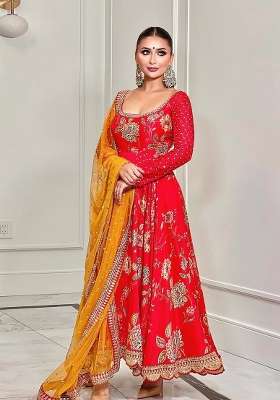Red Embroidered Silk Kurta Set