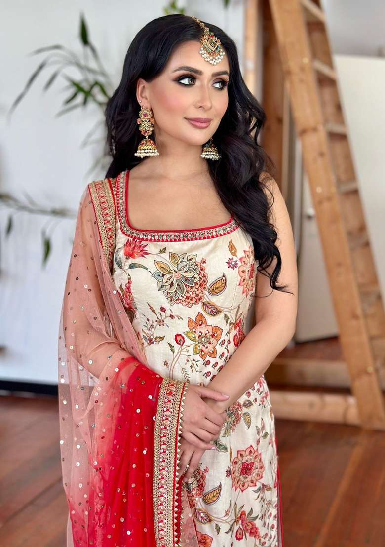 Cream Embroidered Silk Kurta Set - Indya