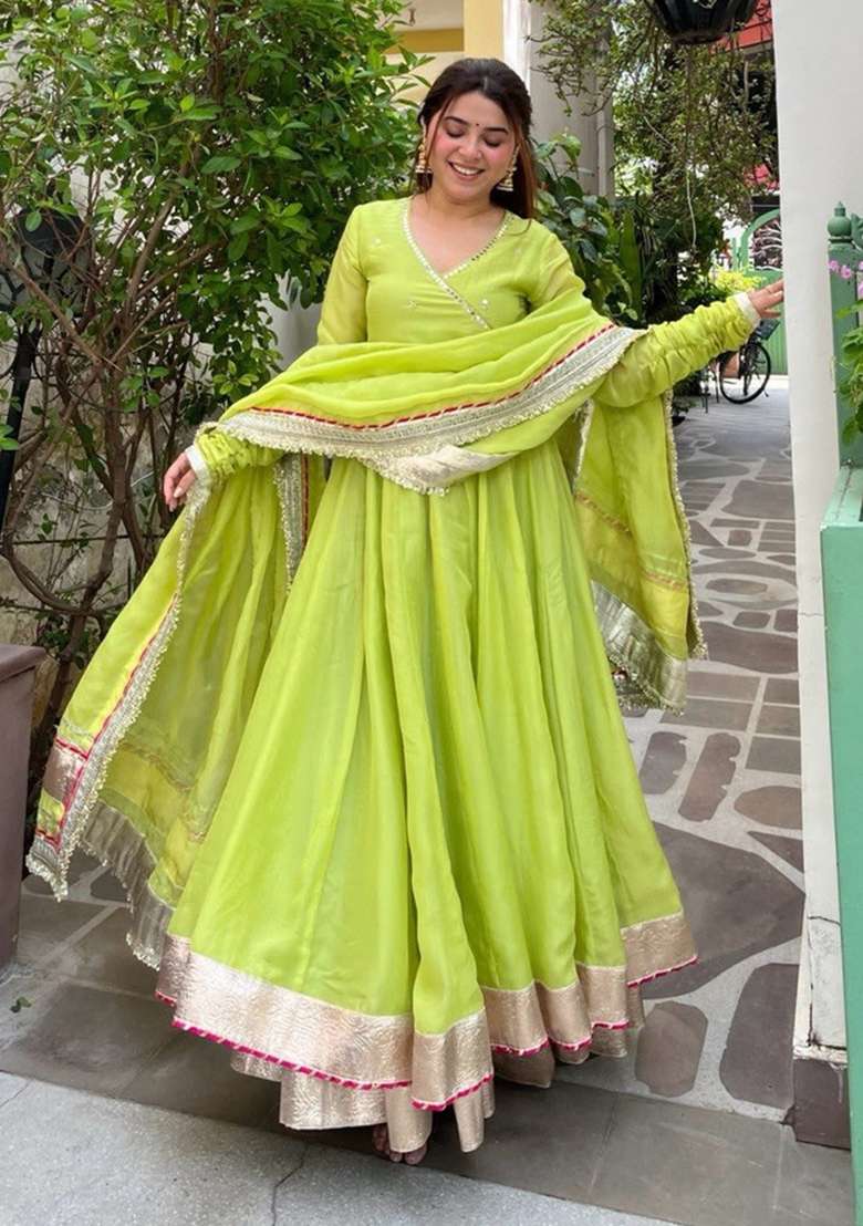 Parrot Green Embroidered Silk Kurta Set - Indya