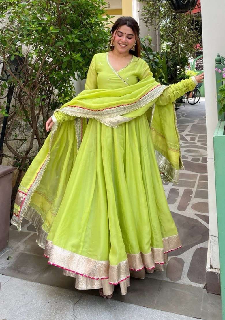 Parrot Green Embroidered Silk Kurta Set - Indya