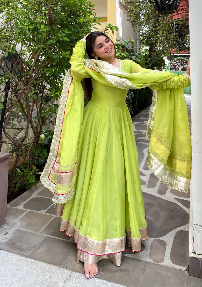 Parrot Green Embroidered Silk Kurta Set - Indya
