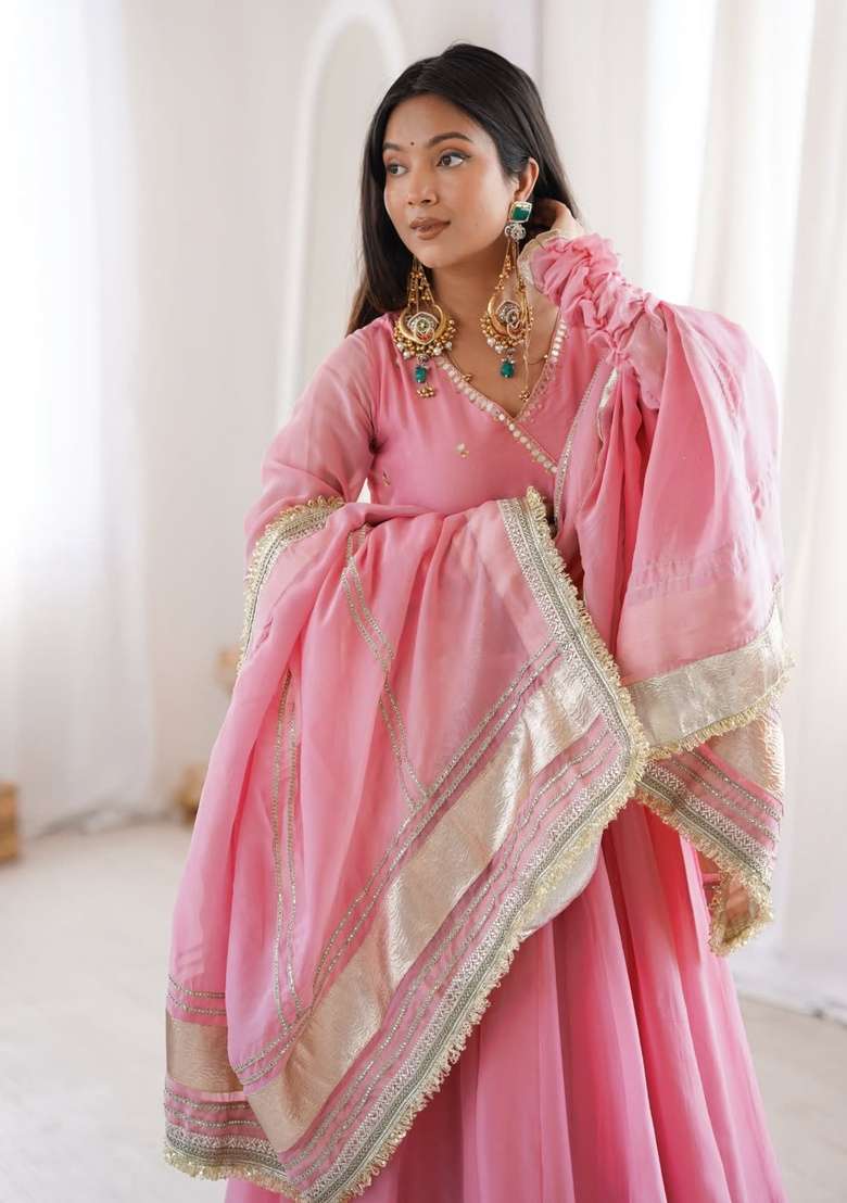 Pink Embroidered Silk Kurta Set - Indya