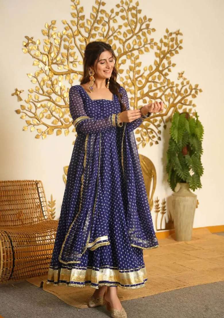 Blue Embroidered Georgette Kurta Set - Indya