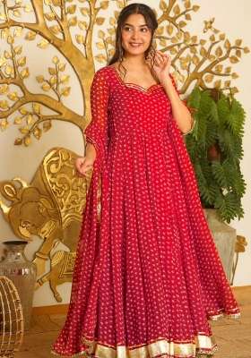 Red Embroidered Georgette Kurta Set