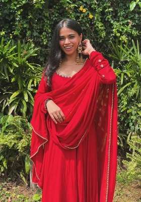 Red Embroidered Georgette Kurta Set