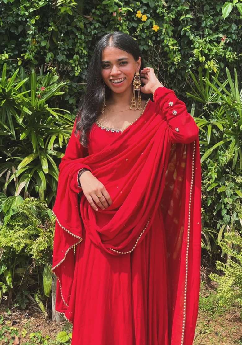 Red Embroidered Georgette Kurta Set - Indya