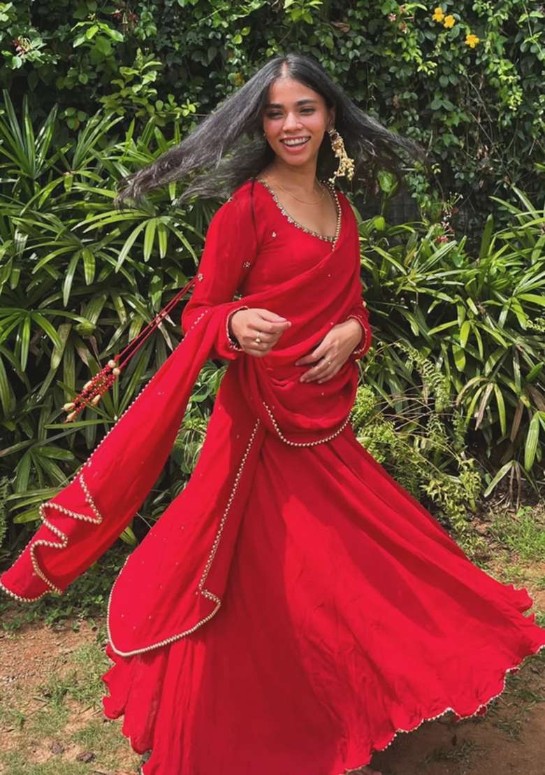 Red Embroidered Georgette Kurta Set - Indya