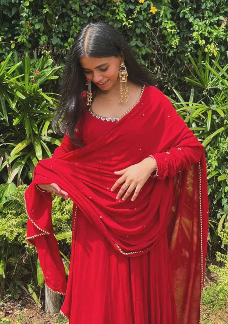 Red Embroidered Georgette Kurta Set - Indya