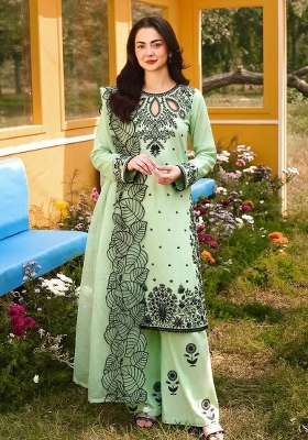 Pista Embroidered Satin Kurta Set