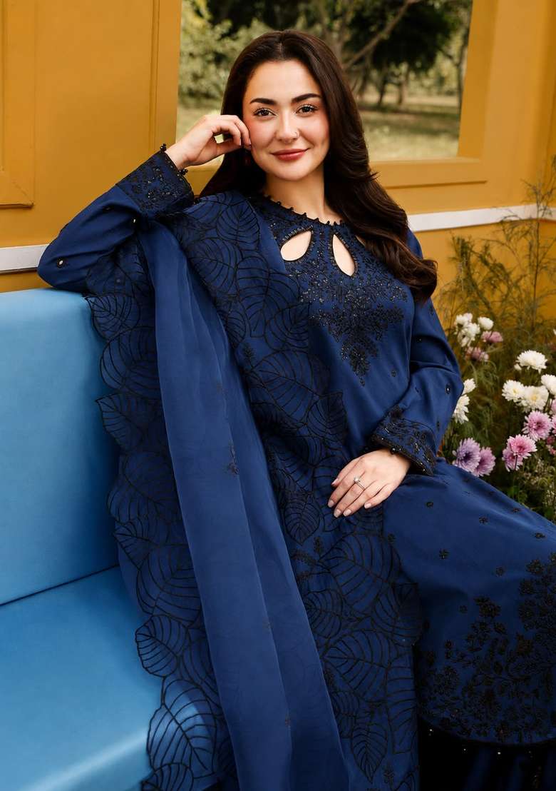 Navy Blue Embroidered Satin Kurta Set - Indya