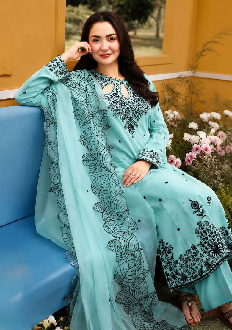 Sky Blue Embroidered Satin Kurta Set - Indya