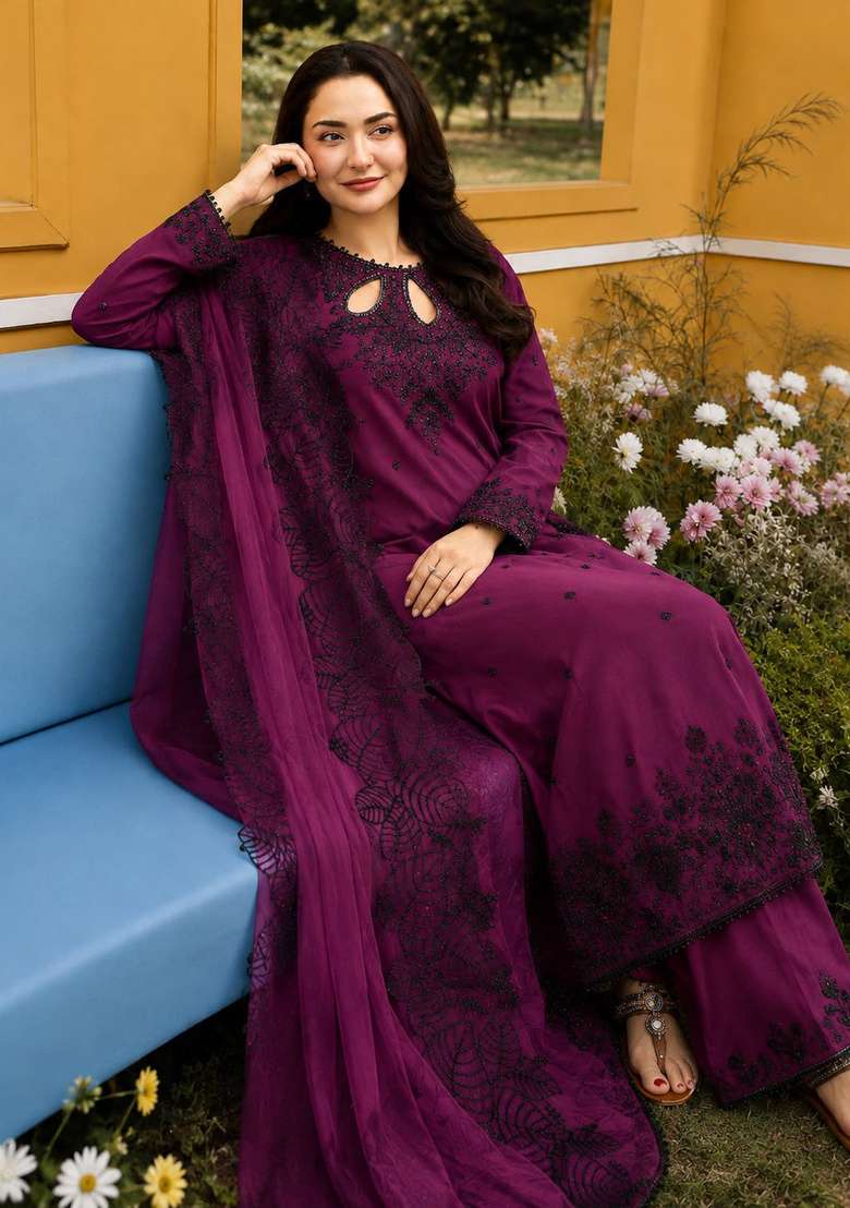 Purple Embroidered Satin Kurta Set - Indya