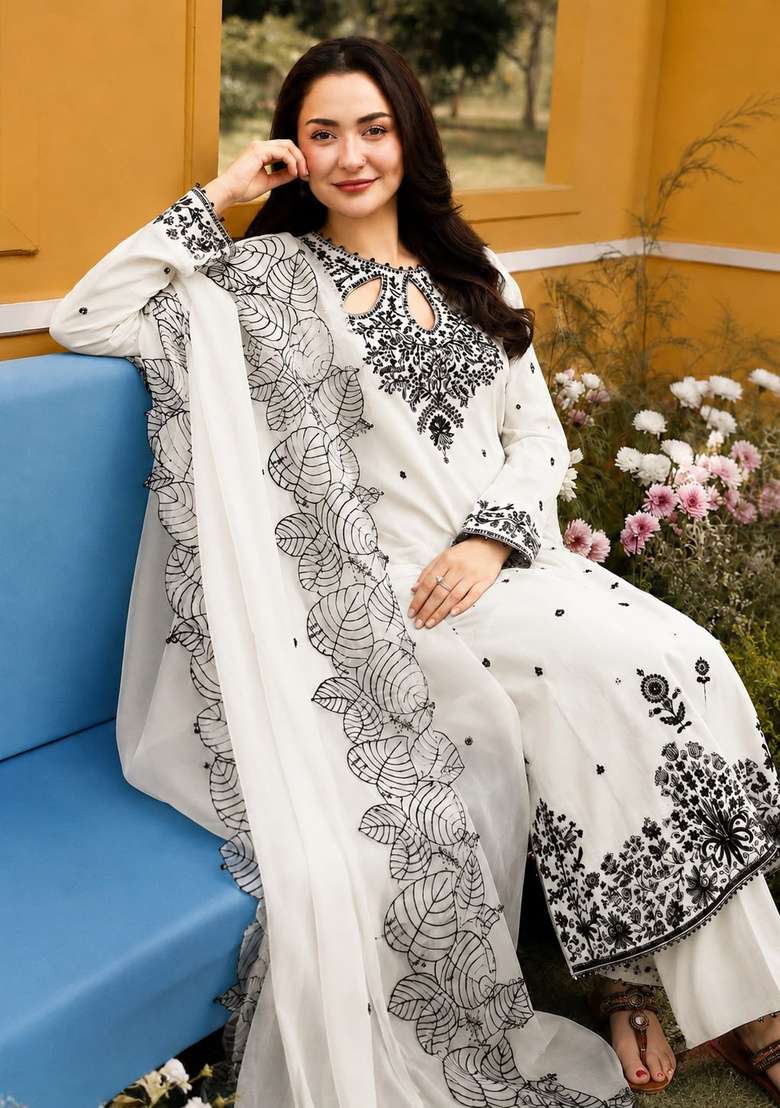 White Embroidered Satin Kurta Set - Indya