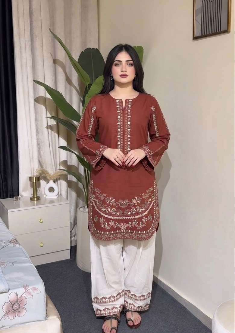 Maroon Embroidered Silk Kurta Set - Indya