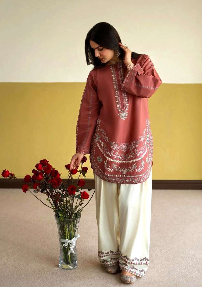 Rust Embroidered Silk Kurta Set - Indya