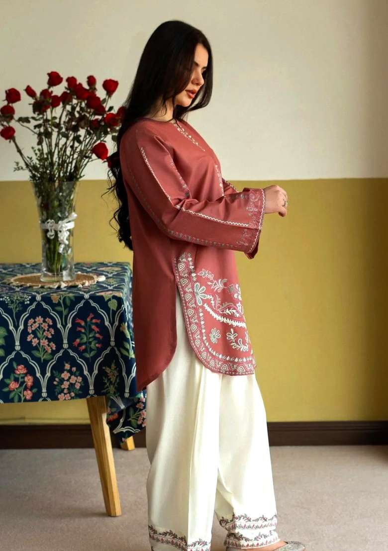 Rust Embroidered Silk Kurta Set - Indya