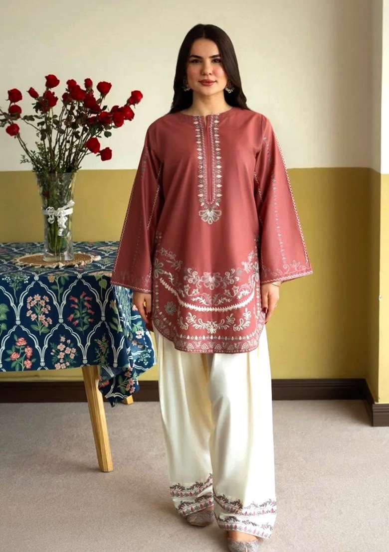Rust Embroidered Silk Kurta Set - Indya
