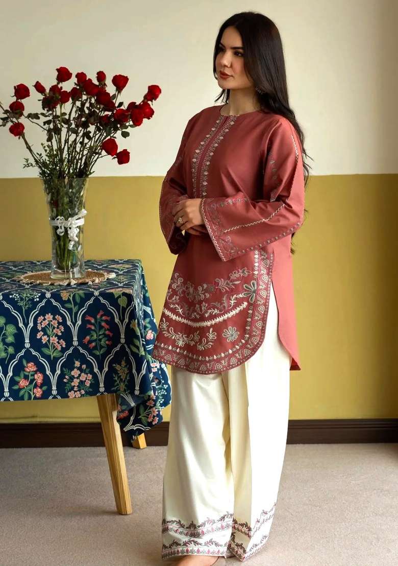 Rust Embroidered Silk Kurta Set - Indya
