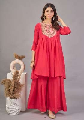 Red Embroidered Silk Kurta Set