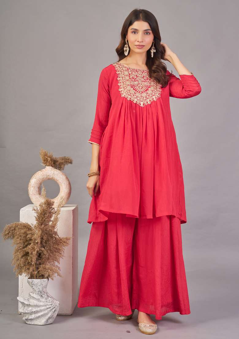 Red Embroidered Silk Kurta Set - Indya