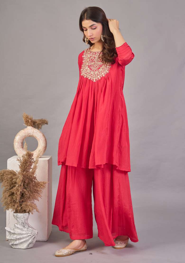 Red Embroidered Silk Kurta Set - Indya