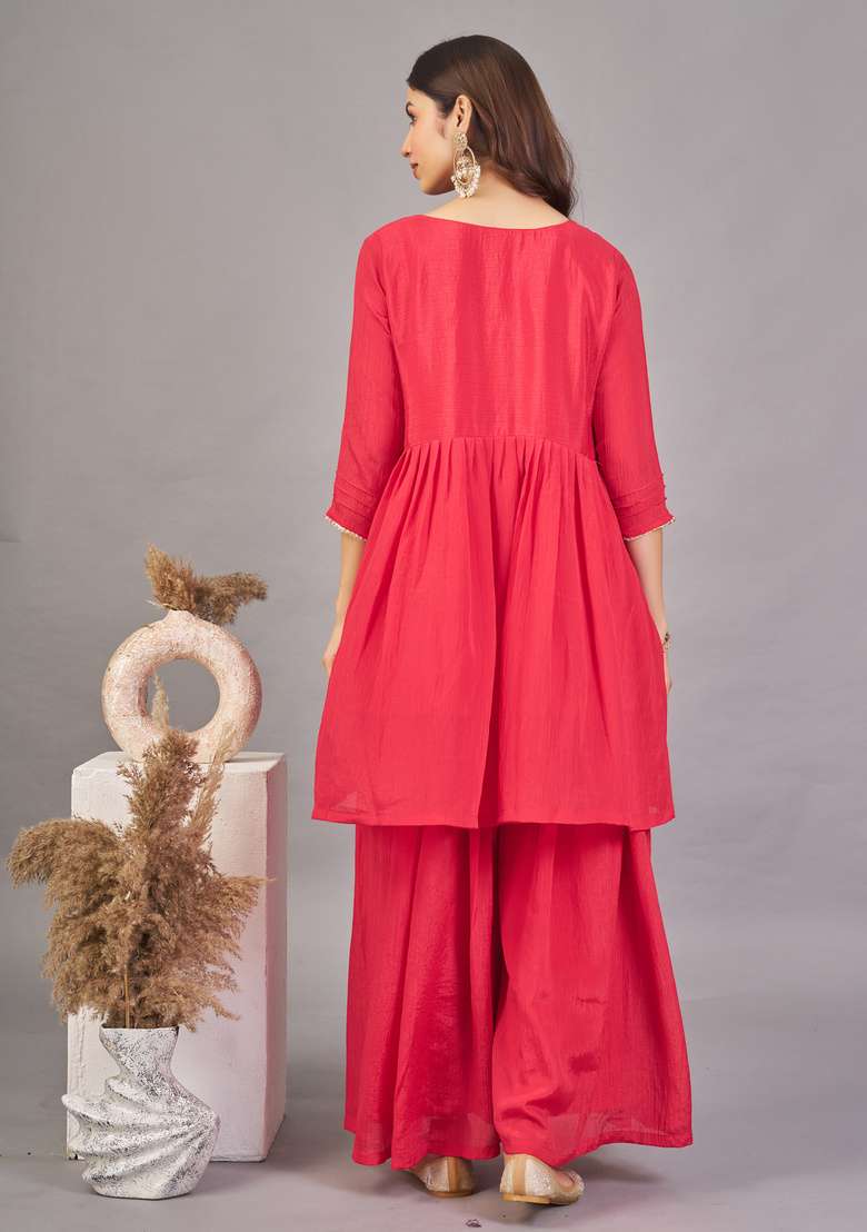 Red Embroidered Silk Kurta Set - Indya