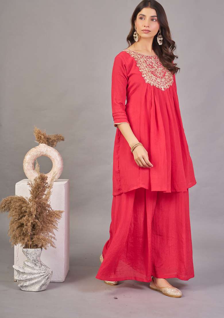 Red Embroidered Silk Kurta Set - Indya