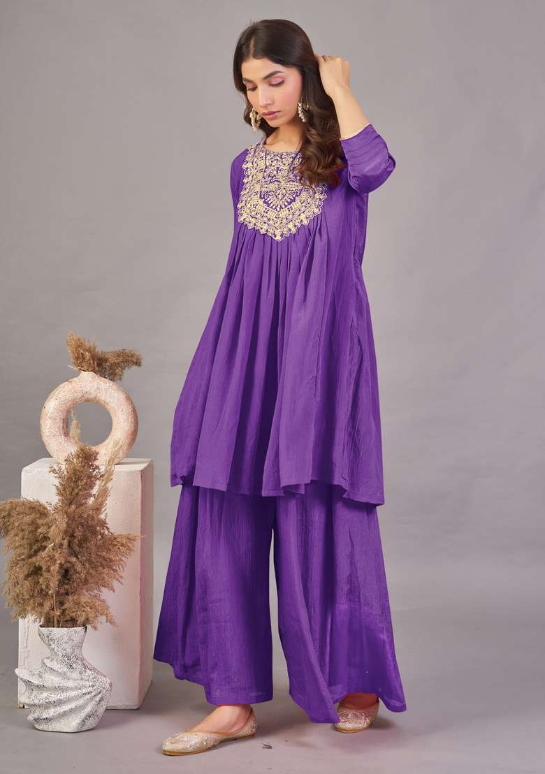 Purple Embroidered Silk Kurta Set - Indya