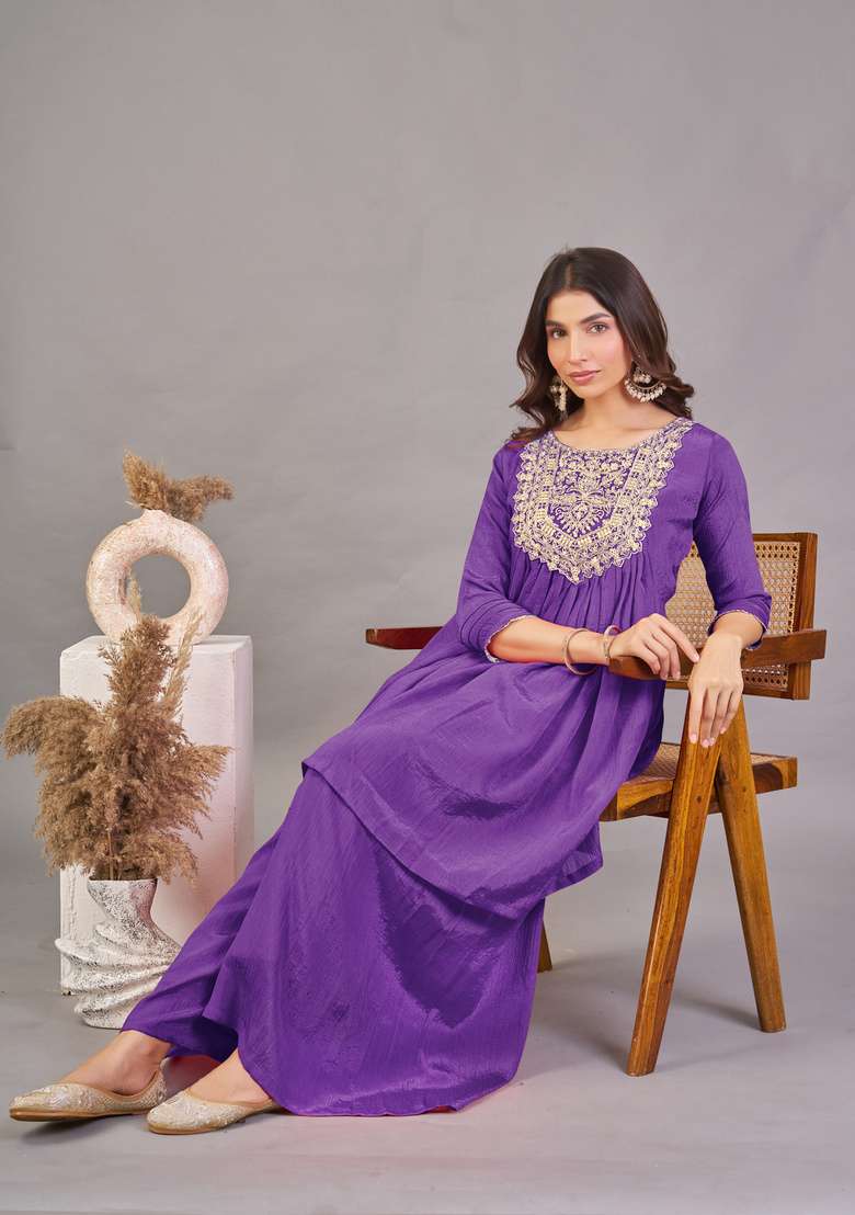 Purple Embroidered Silk Kurta Set - Indya