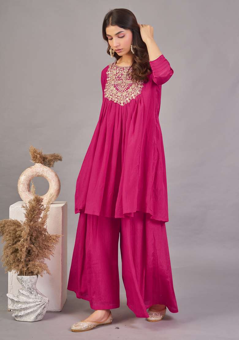 Rani Pink Embroidered Silk Kurta Set - Indya