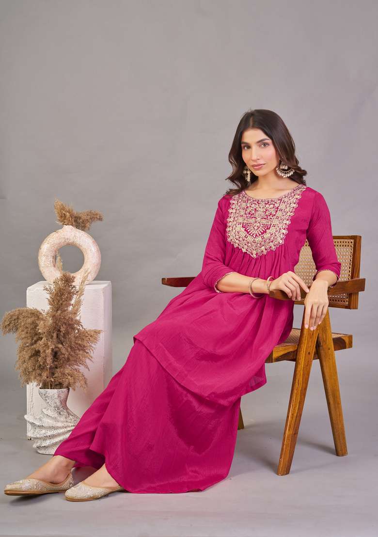 Rani Pink Embroidered Silk Kurta Set - Indya