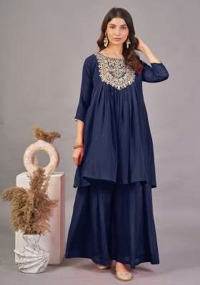 Navy Blue Embroidered Silk Kurta Set
