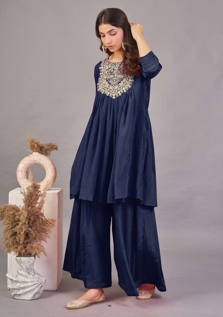 Navy Blue Embroidered Silk Kurta Set - Indya