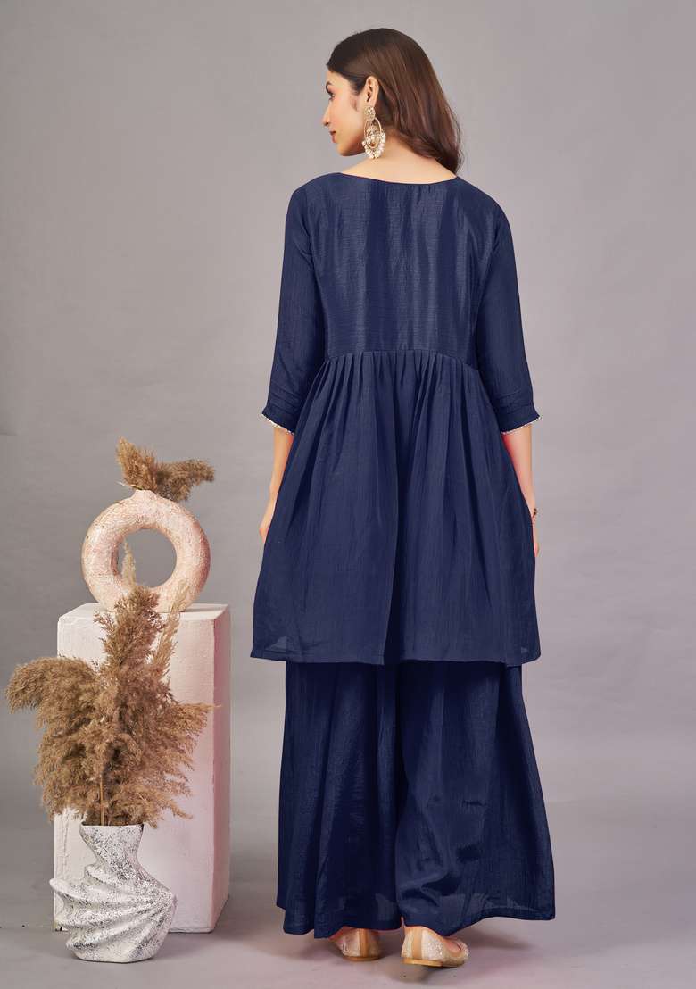 Navy Blue Embroidered Silk Kurta Set - Indya