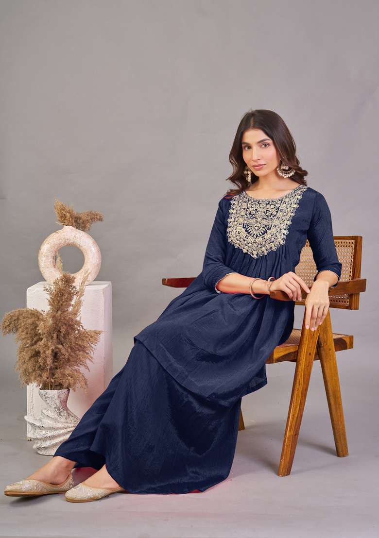 Navy Blue Embroidered Silk Kurta Set - Indya