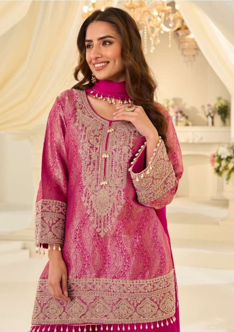 Magenta Embroidered Silk Kurta Set - Indya