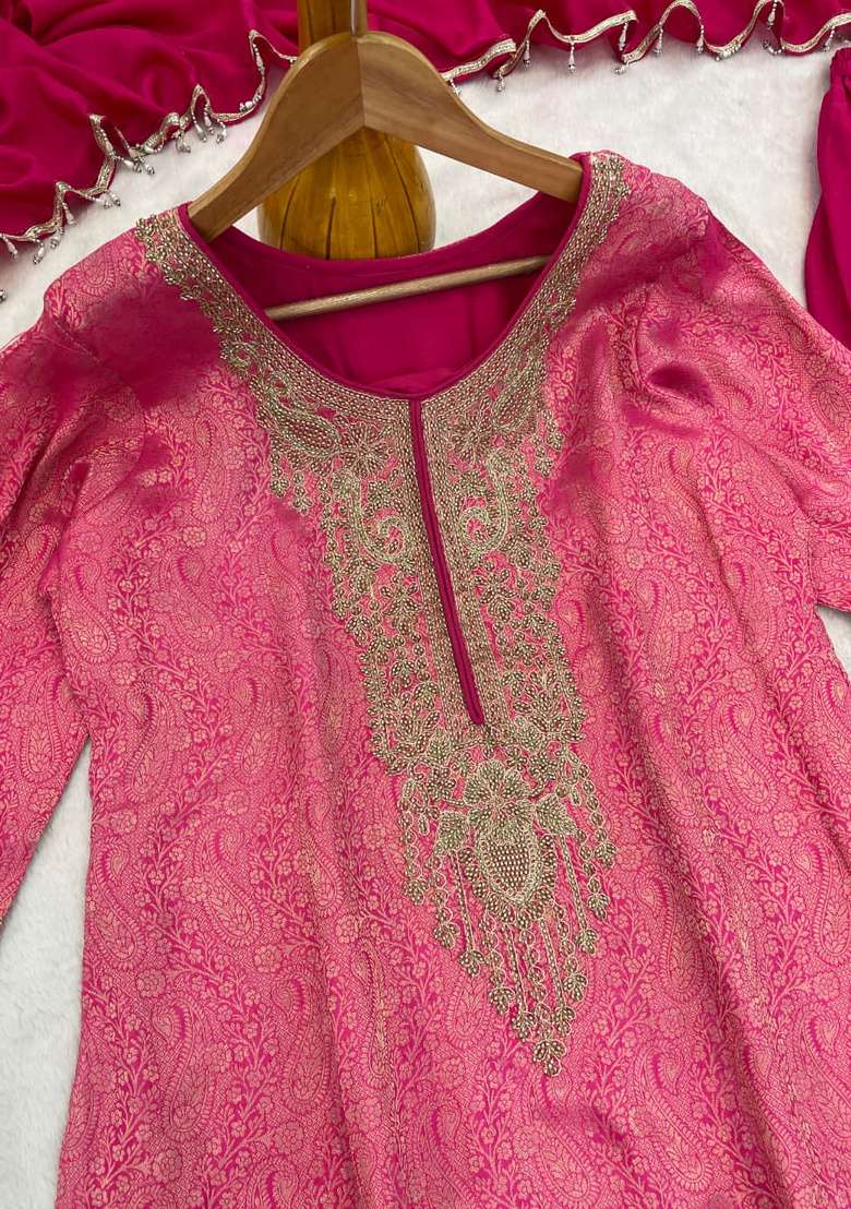 Magenta Embroidered Silk Kurta Set - Indya