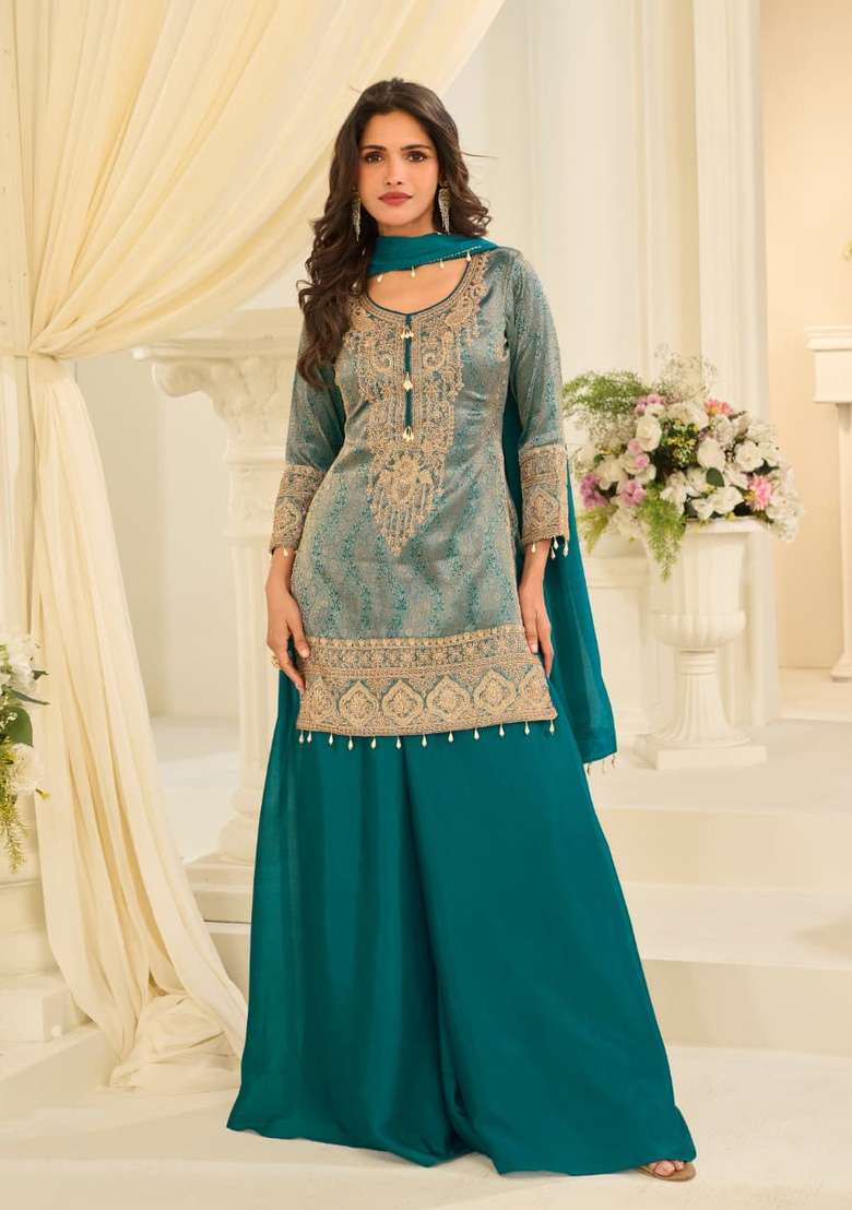 Blue Embroidered Silk Kurta Set - Indya
