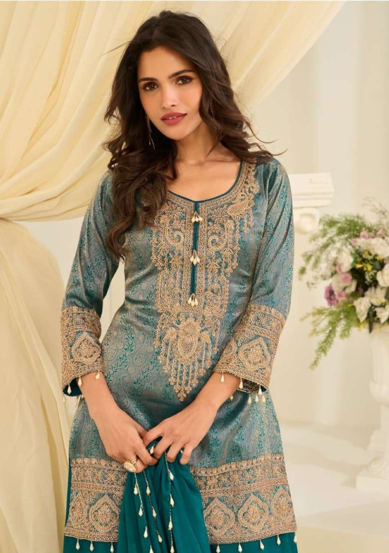 Blue Embroidered Silk Kurta Set - Indya