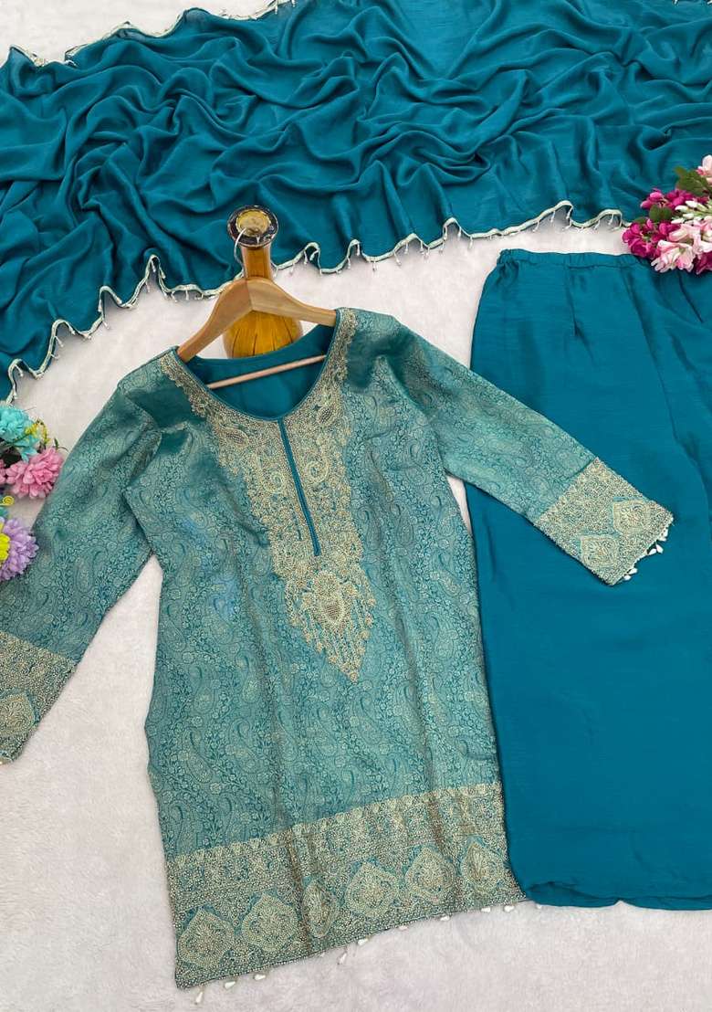 Blue Embroidered Silk Kurta Set - Indya