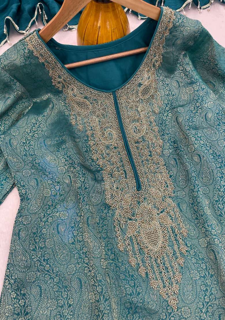 Blue Embroidered Silk Kurta Set - Indya