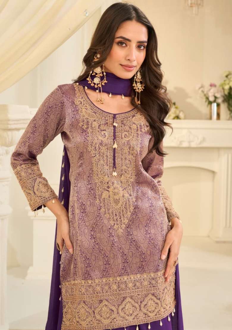 Purple Embroidered Silk Kurta Set - Indya