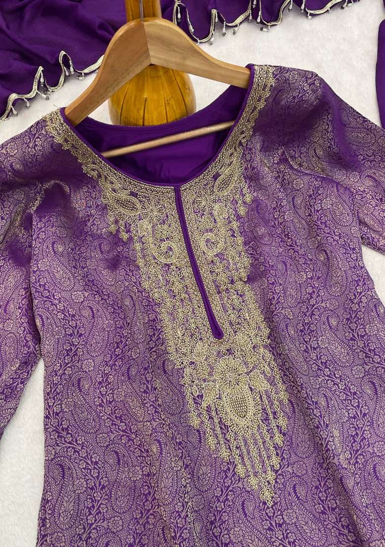Purple Embroidered Silk Kurta Set - Indya