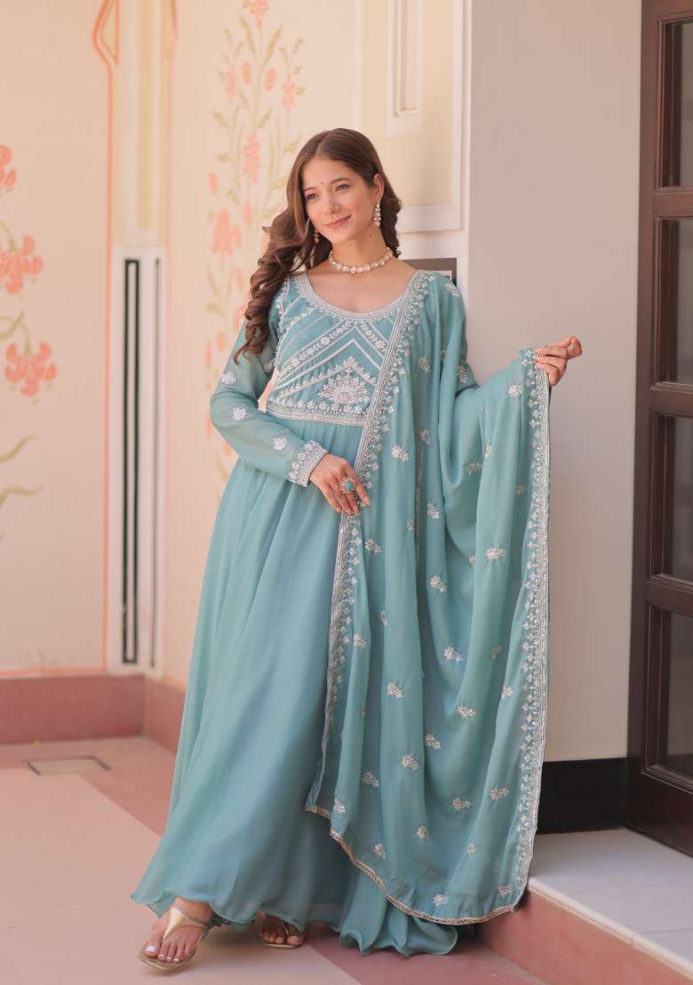 Sky Blue Beads Work Georgette Anarkali With Dupatta - Indya