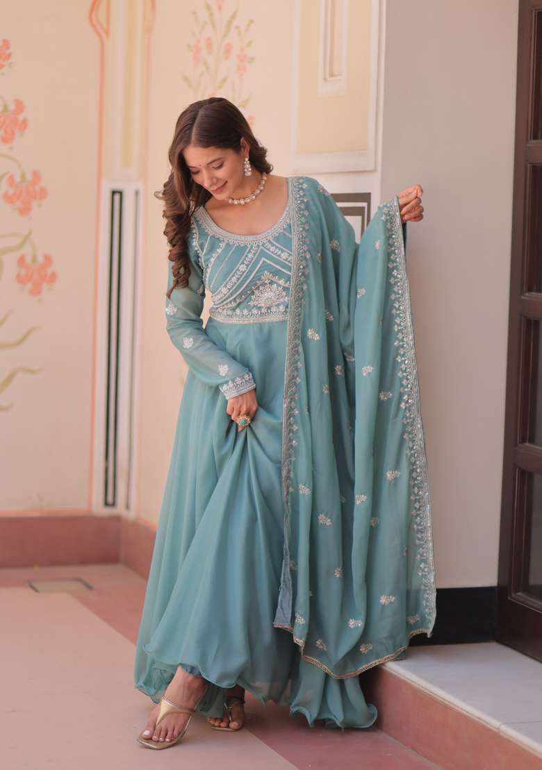 Sky Blue Beads Work Georgette Anarkali With Dupatta - Indya