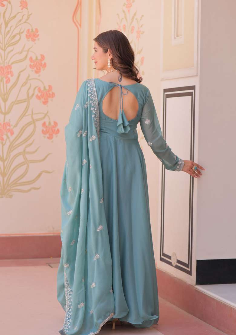 Sky Blue Beads Work Georgette Anarkali With Dupatta - Indya