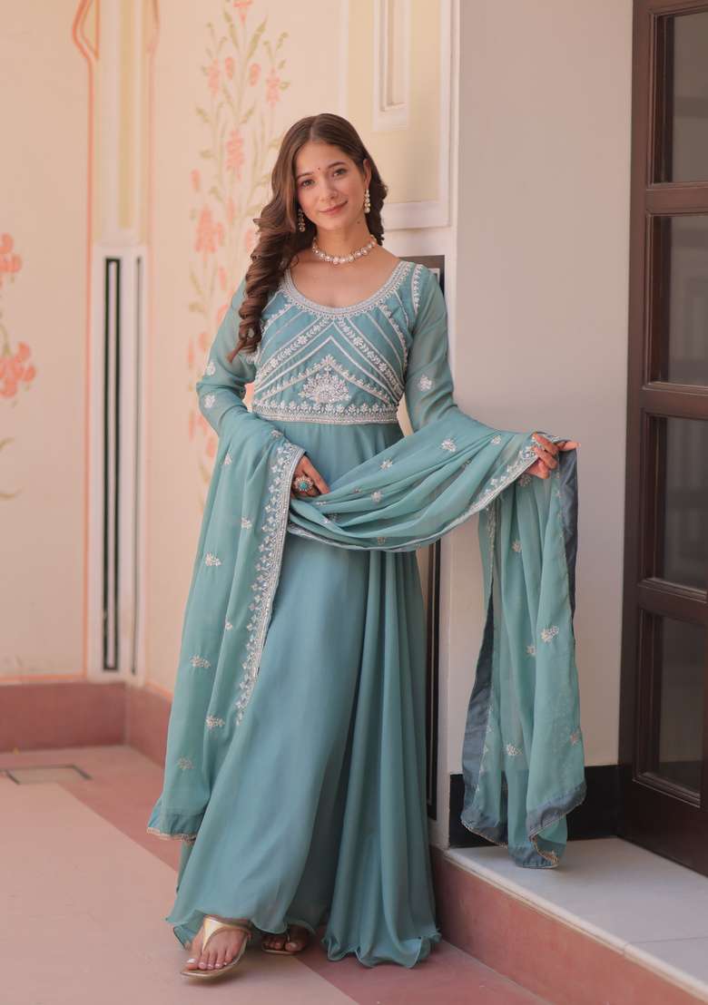 Sky Blue Beads Work Georgette Anarkali With Dupatta - Indya