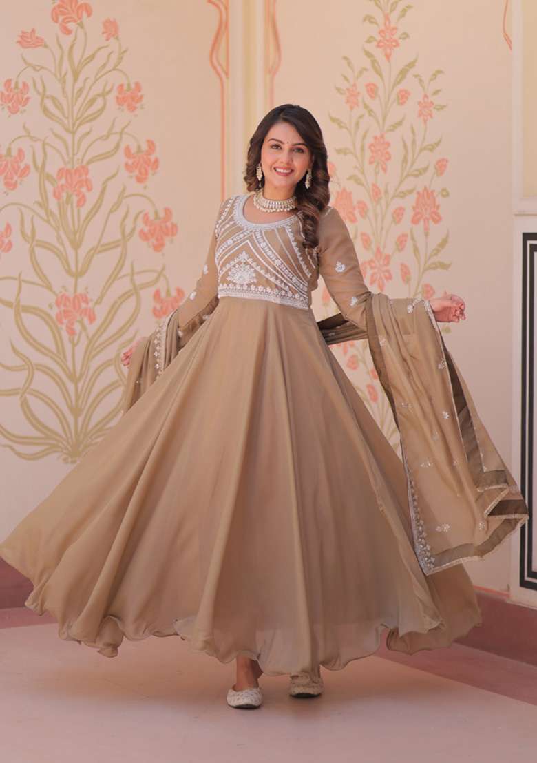 Beige Beads Work Georgette Anarkali With Dupatta - Indya