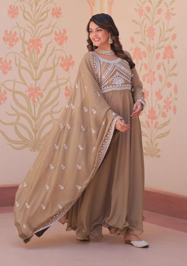 Beige Beads Work Georgette Anarkali With Dupatta - Indya